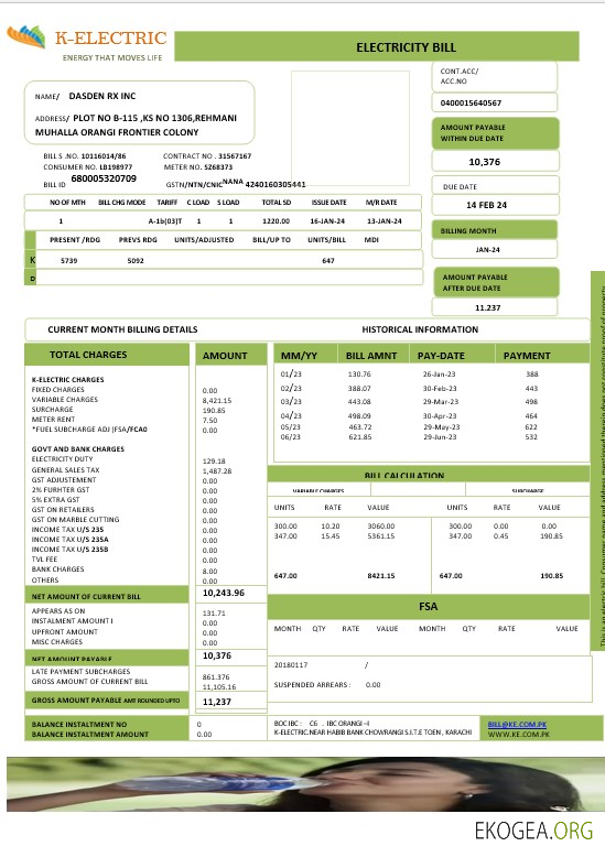 Modèle Word et PDF de facture de services publics de PAKISTAN K ELECTRIC LIMITED